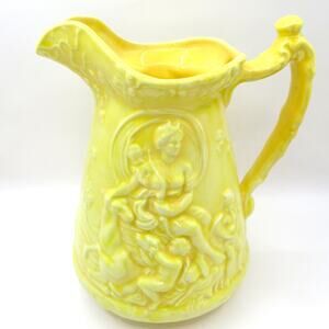 Vintage Yellow Relief Pitcher Cherubs Signed HEM ’77 “Tudir” Studio Pottery